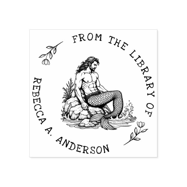 Custom Merman on Rock with Chain Bookplate Stamp (Imprint)