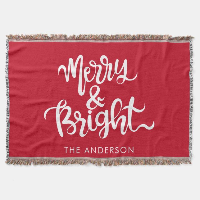 Custom Merry and Bright Typography Script Red Throw Blanket (Front)