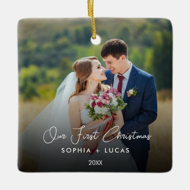 Custom Merry and Married Photo Ceramic Ornament (Front)