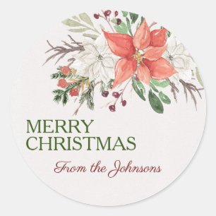 Custom Merry Christmas Add Name Watercolor Floral Classic Round Sticker