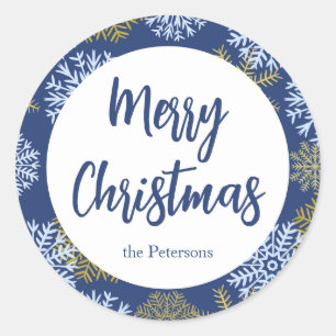 Custom Merry Christmas Blue Winter Snowflakes Classic Round Sticker
