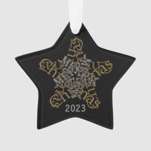 Custom Merry Christmas Calligraphy Star on Black Ornament