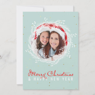 Custom Merry Christmas Family Photo White Red Blue Holiday Card
