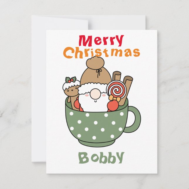Custom Merry Christmas Funny Santa in a mug green Card (Front)