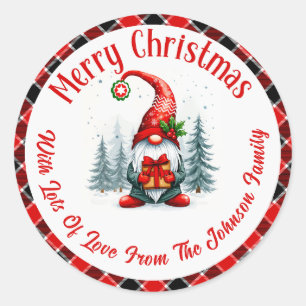 Custom Merry Christmas Gnome red plaid watercolor  Classic Round Sticker