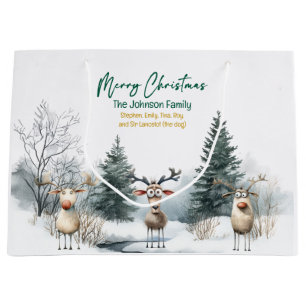 Custom Merry Christmas Goofy Reindeer Woodland Large Gift Bag