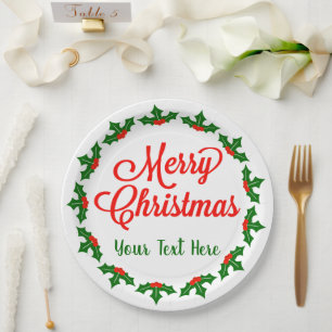 Custom Merry Christmas Holly Berry Paper Plate