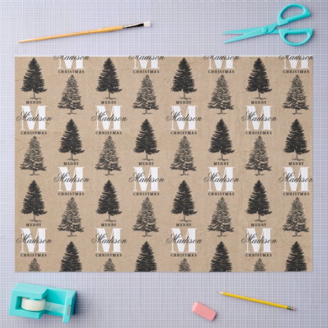 Custom Merry Christmas Kraft Vintage Monogram   Tissue Paper (Craft)