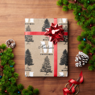 Custom Merry Christmas Kraft Vintage Monogram   Wrapping Paper