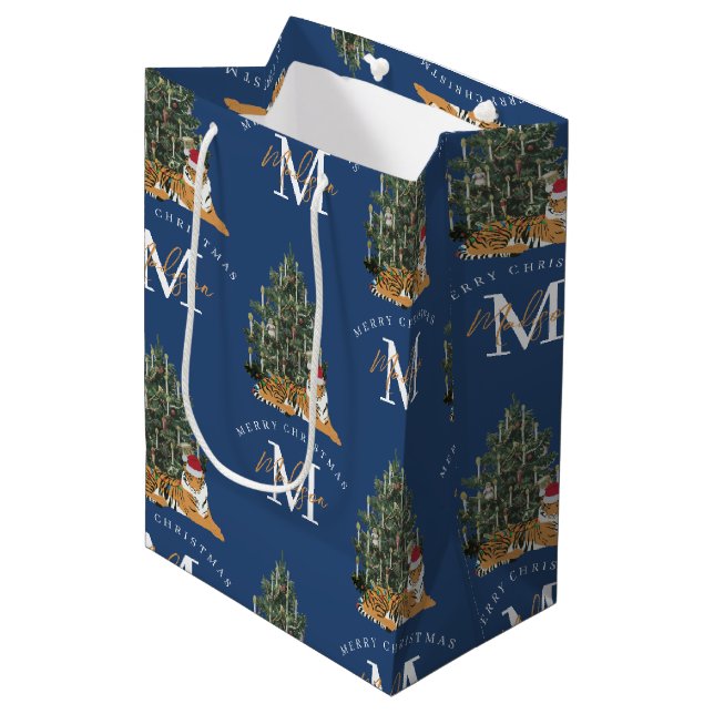 Custom Merry Christmas Monogram Tiger & Tree Blue Medium Gift Bag (Front Angled)