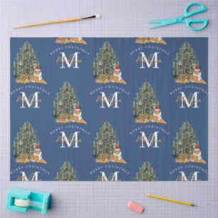 Custom Merry Christmas Monogram Tiger & Tree Blue Tissue Paper