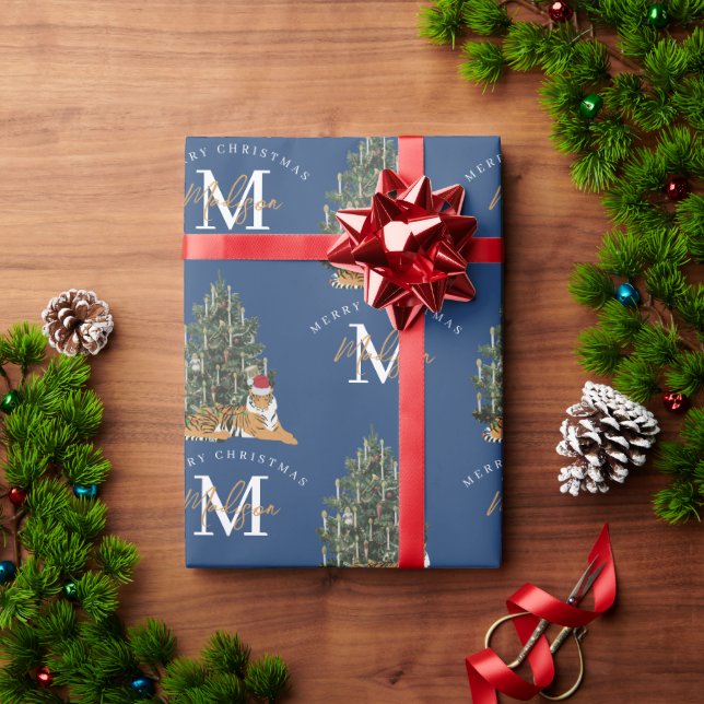 Custom Merry Christmas Monogram Tiger & Tree Blue Wrapping Paper (Holiday Gift)