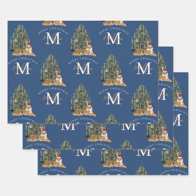 Custom Merry Christmas Monogram Tiger & Tree Blue Wrapping Paper Sheet (Set)