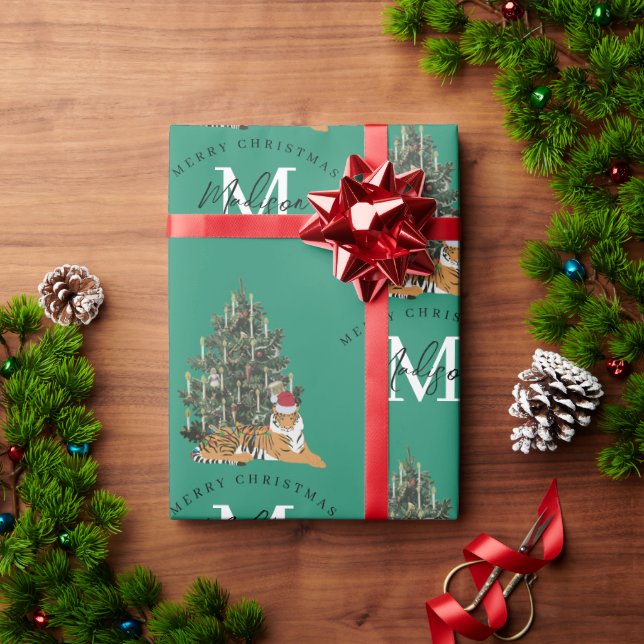 Custom Merry Christmas Monogram Tiger & Tree Green Wrapping Paper (Holiday Gift)