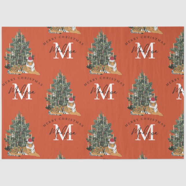 Custom Merry Christmas Monogram Tiger & Tree Red Tissue Paper (Front)