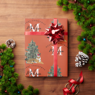 Custom Merry Christmas Monogram Tiger & Tree Red Wrapping Paper