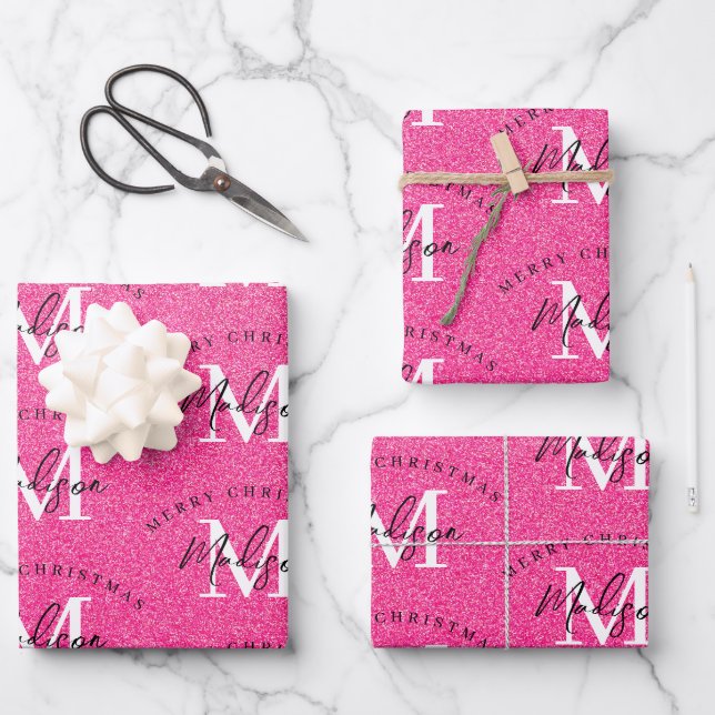 Custom Merry Christmas Pink Glitter Monogram  Wrapping Paper Sheet (Front)