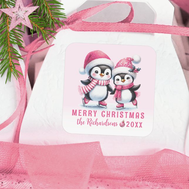 Custom Merry Christmas Pink Ice Skating Penguins Square Sticker (Creator Uploaded)