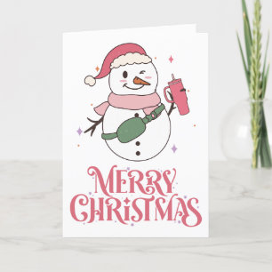 Custom Merry Christmas Pink Snowman For Friends  Holiday Card