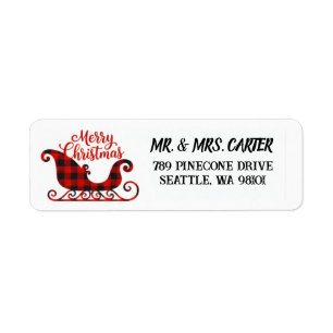 Custom Merry Christmas Plaid Sleigh Return Address