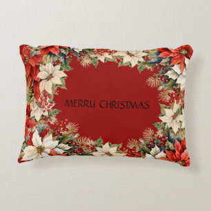Custom Merry Christmas Poinsettias Wreath Decorative Cushion