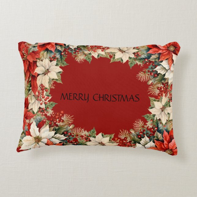 Custom Merry Christmas Poinsettias Wreath Decorative Cushion (Back)