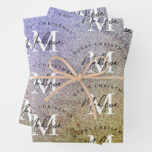 Custom Merry Christmas Purple Glitter Monogram Wrapping Paper Sheet
