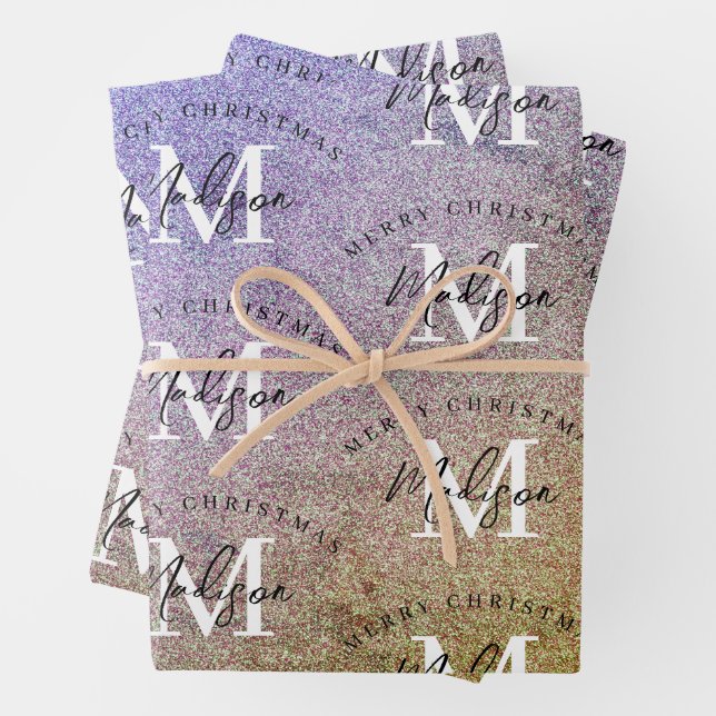 Custom Merry Christmas Purple Glitter Monogram  Wrapping Paper Sheet (In situ)