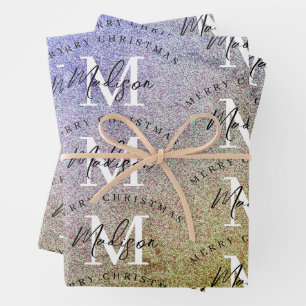 Custom Merry Christmas Purple Glitter Monogram Wrapping Paper Sheet