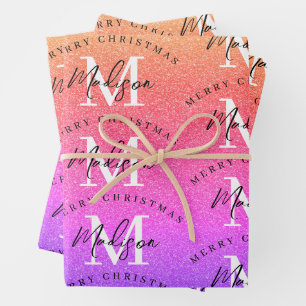 Custom Merry Christmas Rainbow Glitter Monogram Wrapping Paper Sheet