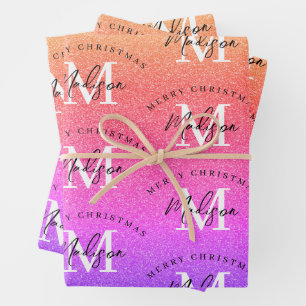 Custom Merry Christmas Rainbow Glitter Monogram  Wrapping Paper Sheet