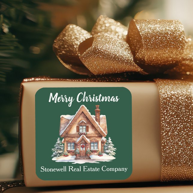 Custom Merry Christmas Real Estate Company Green Square Sticker (Creator Uploaded)