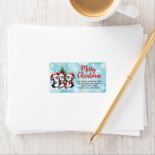 Custom Merry Christmas Red Blue Cute Penguins Label