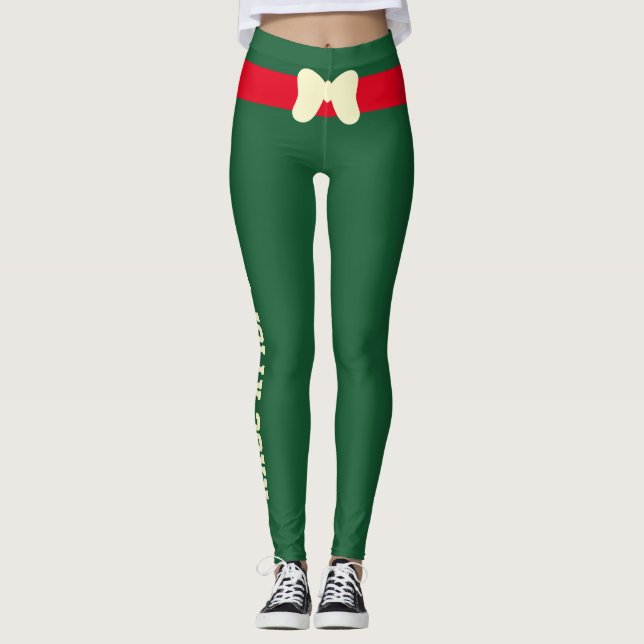 Custom Merry Christmas Red Ivory Bow Hunter Green Leggings (Front)