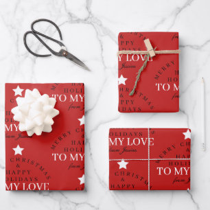 Custom Merry Christmas Red Monogram Husband Wife Wrapping Paper Sheet