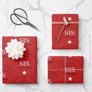 Custom Merry Christmas Red Monogram Sister Wrapping Paper Sheet