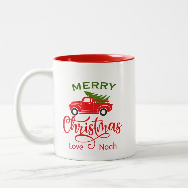 Custom Merry Christmas Red Truck Personalised Two-Tone Coffee Mug (Left)