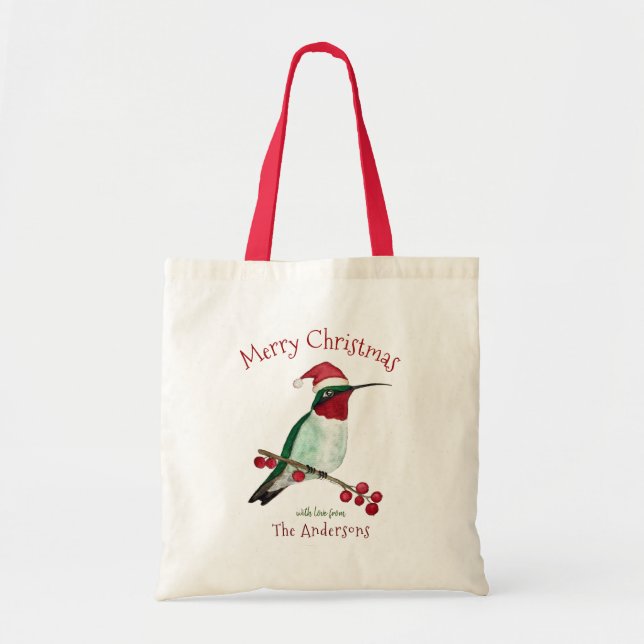 Custom Merry Christmas Santa Hummingbird Tote Bag (Front)