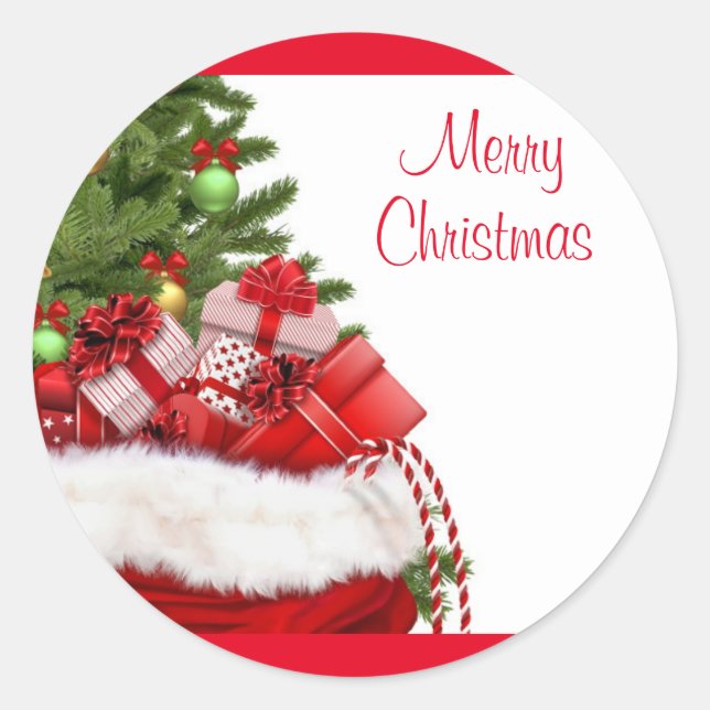 Custom Merry Christmas Tree And Gifts Elegant Classic Round Sticker (Front)