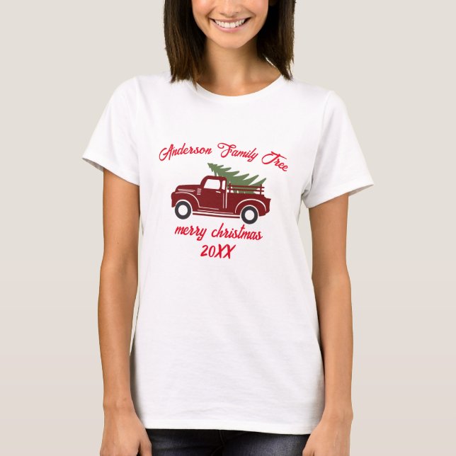 Custom merry christmas tree truck family christmas T-Shirt (Front)