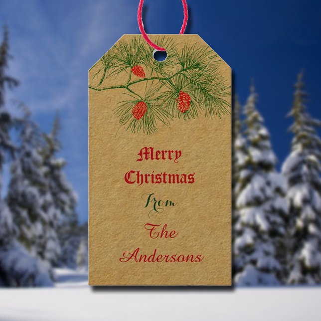 Custom Merry Christmas Vintage Green Pine Gift Tag (Creator Uploaded)