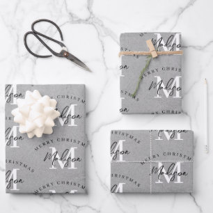 Custom Merry Christmas Vintage Grey Monogram   Wrapping Paper Sheet