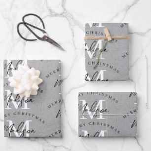 Custom Merry Christmas Vintage Grey Monogram Wrapping Paper Sheet