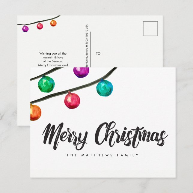 Custom Merry Christmas Watercolor Ornament Holiday Postcard (Front/Back)
