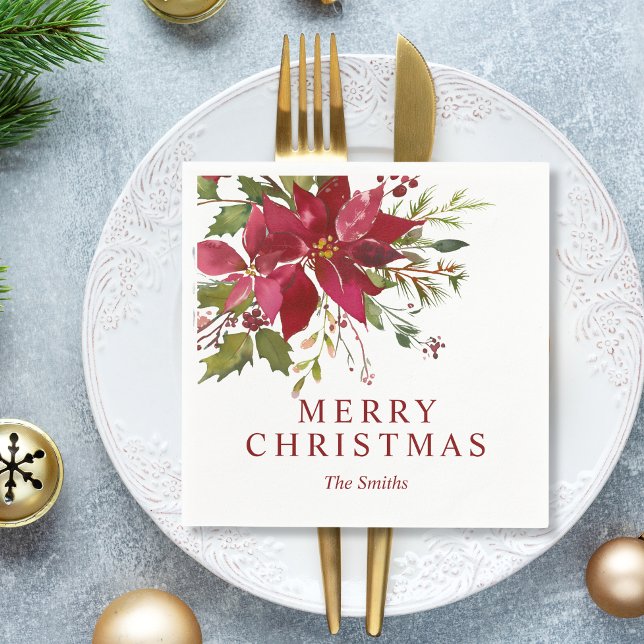 Custom Merry Christmas Watercolor Red Poinsettias Napkin (Custom Merry Christmas Watercolor Red Poinsettias Napkins)