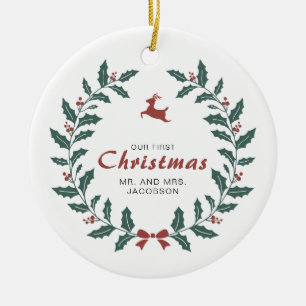 Custom Merry Christmas Wreath Deer holly berry Ceramic Tree Decoration