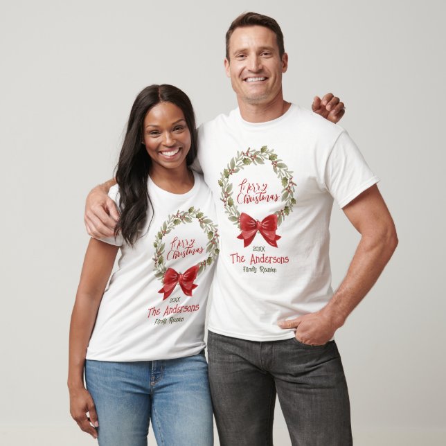 Custom Merry Christmas Wreath Red Bow T-Shirt (Unisex)
