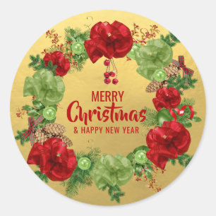 Custom MERRY CHRISTMAS Wreath Red Green GOLD Classic Round Sticker