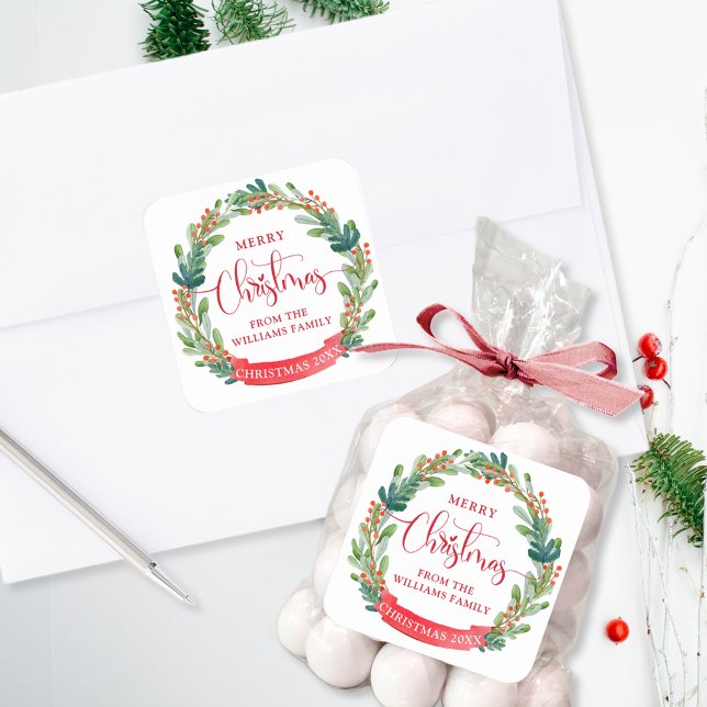 Custom, Merry Christmas Wreath, Script, Festive Square Sticker (Creator Uploaded)