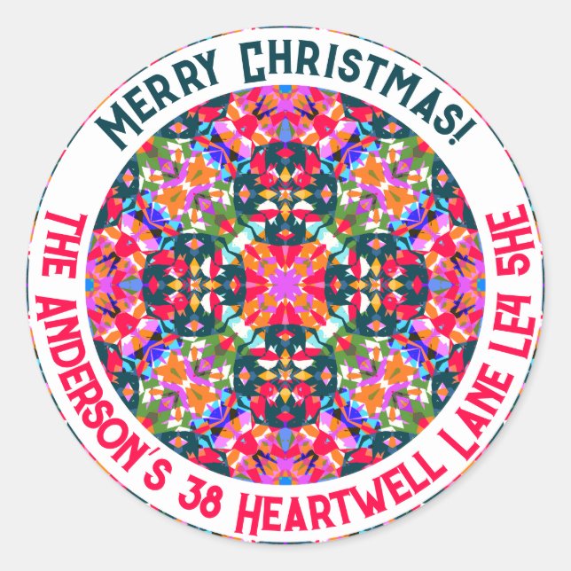 Custom Merry Colourful Modern Christmas Address Classic Round Sticker (Front)